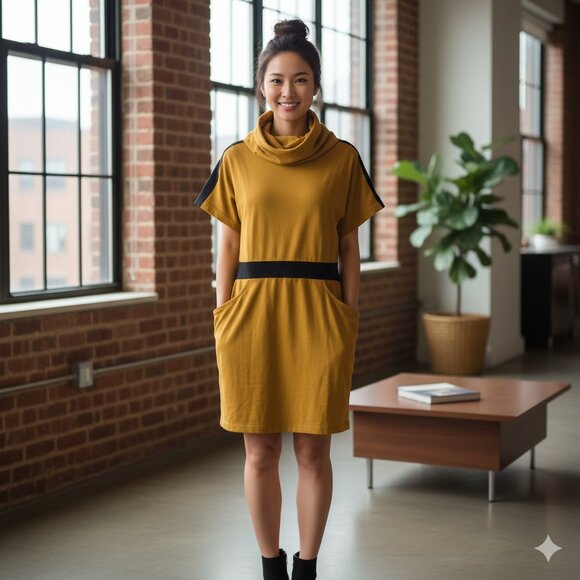 [Women's L] Cowl Neck Mini Dress Mustard Yellow Black Colorblock Futuristic - Picture 1 of 6